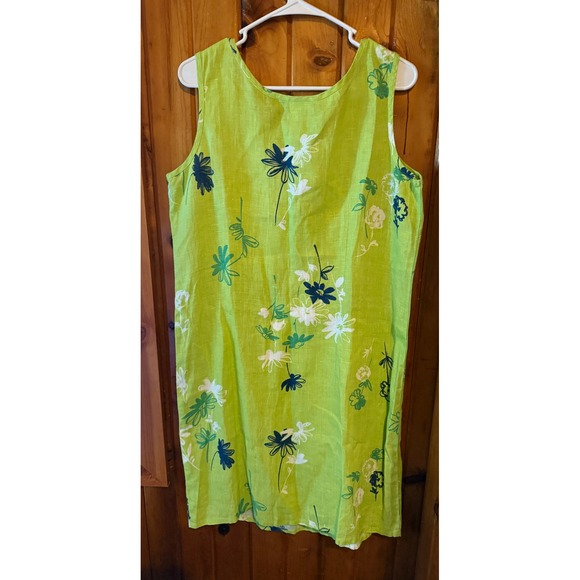 Victoria Holley Floral Linen Dress Green White Blue Size 14 Sleeveless Summer - Picture 2 of 5